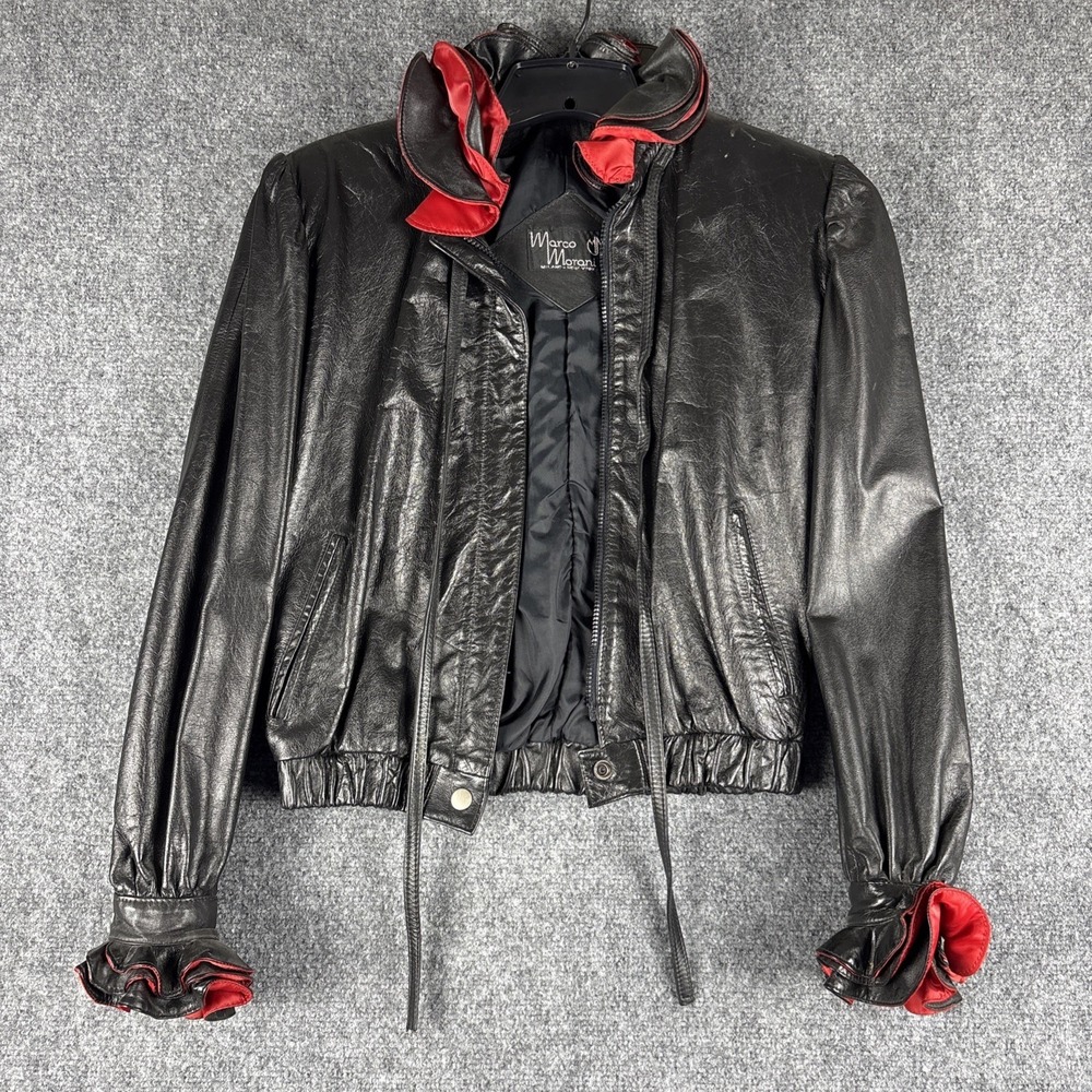 Vintage 80s Marco Morani Leather Ruffle Jacket Argentina Made Black Red Size 12